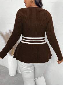Calvaya Plus Size Crew Neck Long Sleeve Contrast Stripe Bow Decor Casual Sweater, For Winter Knit Pullover Fall - Coffee Brown - View 2