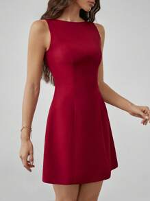 SHEIN Tall Vestido corto de vuelo elegante y de unicolor sin mangas para mujer, vestidos de graduación cortos, vestidos de mujeres para otoño en rojo y burdeos, ropa de mujer de negocios casuales y vestidos de longitud a la rodilla, atuendos de mujer para Navidad - Rojo - Ver 5