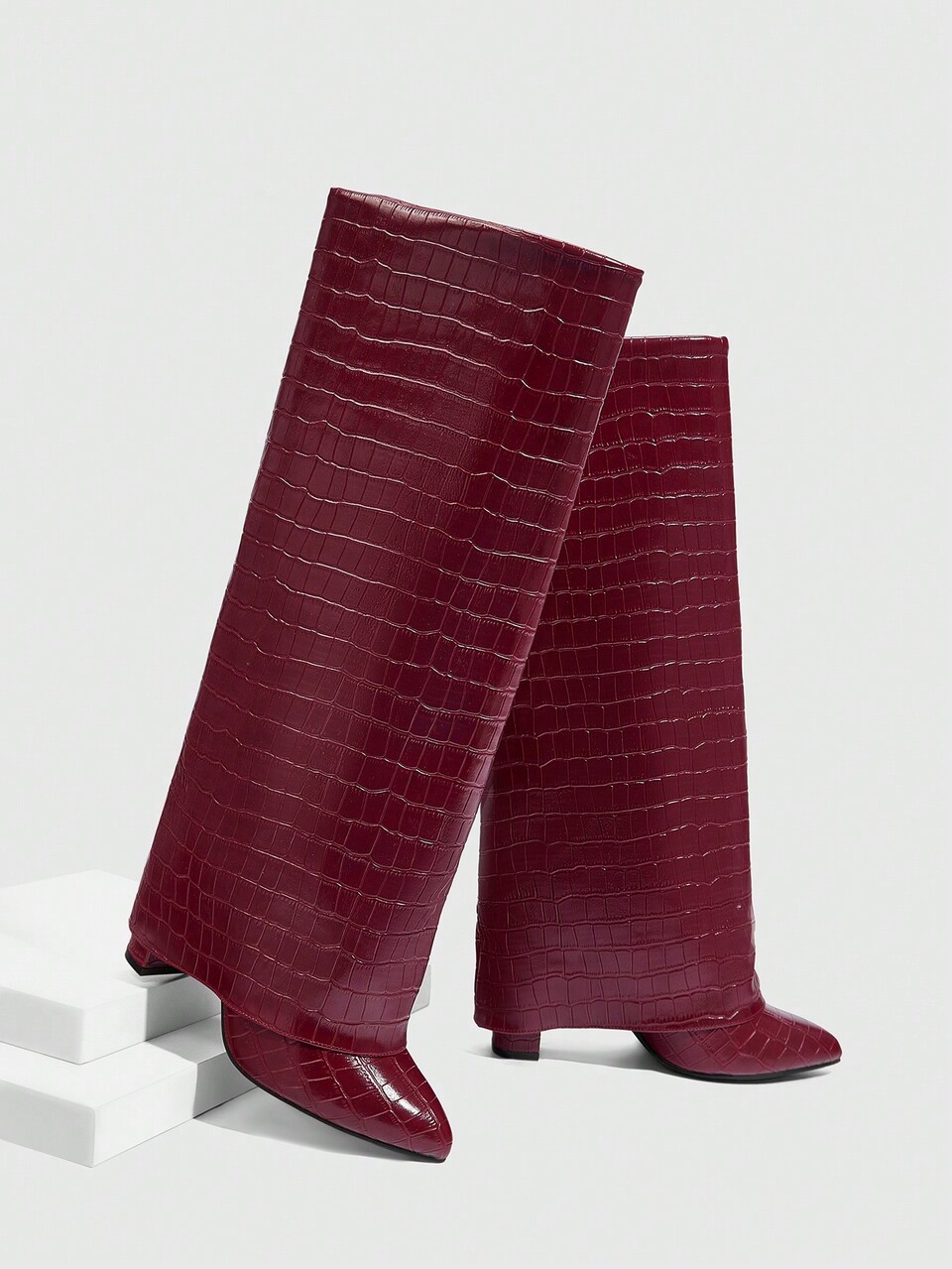 CUCCOO SZL Fashionable Burgundy Stone Texture Wide Leg Chunky Heel Pointed Toe Tall Boots, Suitable For Commuting, Date, Party, Festival And Holiday For Spring Shoes Spring Break Easter For Christmas Spring Shoes