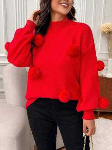 Calvaya Áo len nữ cỡ lớn dáng rộng, cổ đứng, tay phồng, thoải mái, phối họa tiết quả cầu bông, thích hợp mặc mùa thu/đông. - Đỏ - Xem 6