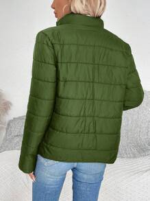 SHEIN LUNE 1 件装女士纯色前拉链长袖休闲加厚棉服外套冬季 - 軍綠色 - 查看 2