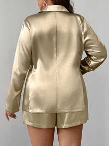 SHEIN Unity 女式加大码法式优雅时尚金属光泽休闲长袖短款连衣裙和裤子，2 件套，适合所有季节 - 黃色 - 查看 2