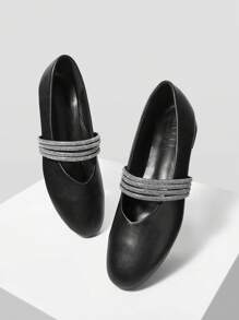 MOTF PREMIUM WOMEN'S CASUAL & COMFORTABLE BUCKLE DESIGN RHINESTONE MARY JANE SQUARE TOE FLAT SHOES, VERSATILE COMMUTING - Black - View 9
