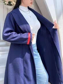 SHEIN Unity 大码纯色单排扣大衣，适合日常秋冬季休闲装 - 藏蓝色 - 查看 7