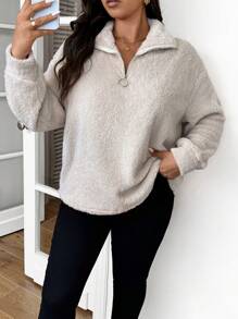 SHEIN Frenchy Casual Minimalist Double-Sided Fleece Warm Plus Size T-Shirt, Autumn/Winter - Beige - View 1