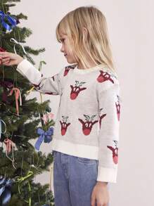 SHEIN 年轻女孩白色全印花套头衫，圆领，长袖，简约细节，适合日常休闲装、秋冬季、圣诞节 - 米色 - 查看 4