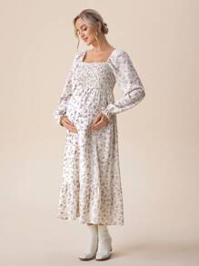 SHEIN 奶油色花朵褶饰长袖孕妇装（秋季） - 杏色 - 查看 4