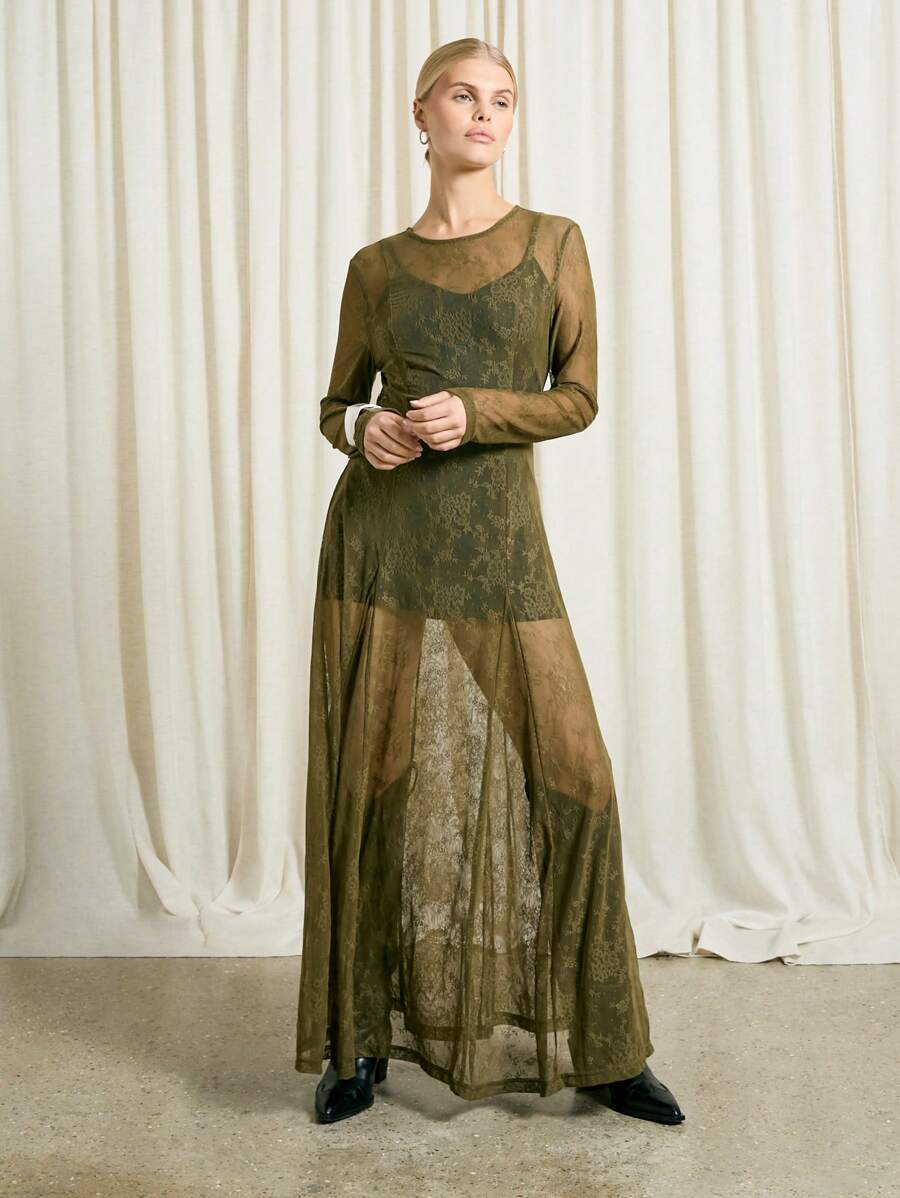 AiiRZ Elegant Irish-Themed Lace Mesh Maxi Dress Long Sleeve Sheer Overlay  Floor Length Evening Gown For St. Patrick'S Day Celebration Gaelic-Inspired  Special OccasionMISSGUIDED