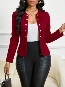 SHEIN Lady Chaqueta de ante con botones en la parte delantera abierta, para otoño/invierno - Burdeos - Ver 2