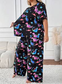 SHEIN CURVE+ Plus Size Color Gradient Dinosaur Short Sleeved Pants Set