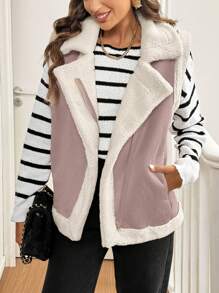 SHEIN Frenchy Chaleco con forro térmico de solapa holgado y casual con cremallera para mujer, abrigos largos de mujer de otoño e invierno para la temporada de otoño