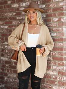 SHEIN LUNE Plus Size Winter Warmth Casual Streetwear Embroidered Design Stylish Cardigan Sweater - Beige - View 4