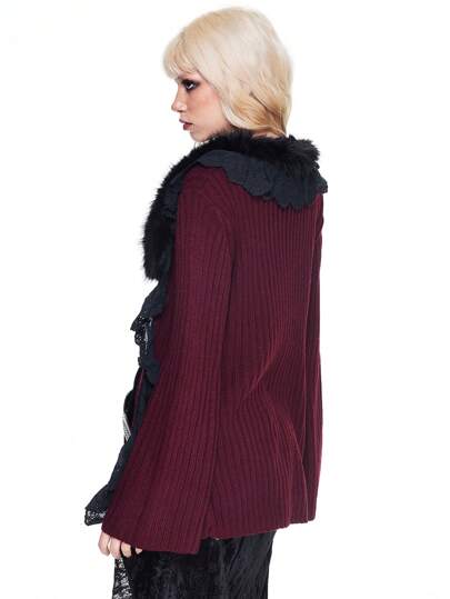 Hippie Women Lace Trim Ruffle Hem Long Flared Sleeve Knitted Cardigan