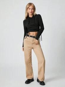 SHEIN EZwear Autumn And Winter Grey Wide Ribbed Drawstring Side Crop Long Sleeves Hoodie