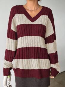 DAZY 女士休闲撞色条纹纹理宽松套头衫，秋季服装 - 酒紅色 - 查看 4