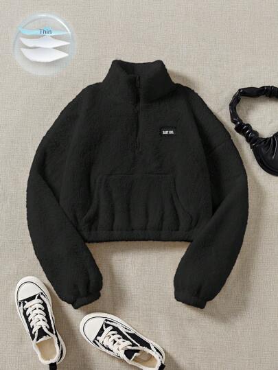 Comfortcana Moletom com detalhe de letras remendadas, bolso, meio zíper, costas felpudas, mangas compridas, outono/inverno