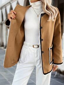 SHEIN Clasi 女式秋冬拼接缎带落肩长袖单排扣休闲大衣 - 駝色 - 查看 4
