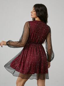 SHEIN Tall Splatter Paint Lantern Sleeve Surplice Neck Mesh Dress Without Belt - Burgundy - View 2