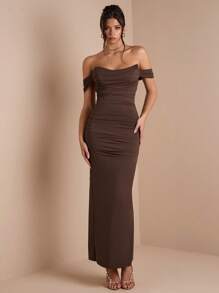 SHEIN BAE Solid Color Khaki Brown Ruched Wrap Dress With Sleeves, Suitable For Layering In Autumn/Winter, Cocktail Party, Romantic Date, Formal Gathering, Wedding Bridesmaid, Evening Out, Halloween, Christmas