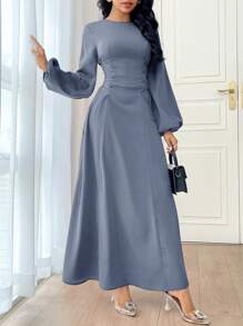 Modelyn 勃艮第红色女士纯色简约日常长袖连衣裙派对优雅晚会长袖长裙长款晚礼服 - 藍色 - 查看 5