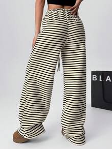 SHEIN EZwear 女式条纹直筒宽松休闲裤，腰部抽绳，保暖内衬 - 黑與白 - 查看 2