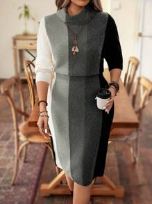 Calvaya Plus Size Herfst/Winter Casual Color Blocking Gestreepte Bodycon Sweaterjurk