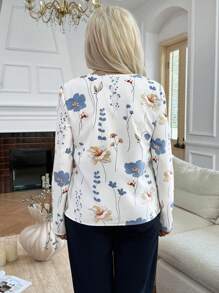 EMERY ROSE Women Floral Print Small Lapel Long Sleeve Shirt (Asymmetric Pattern)