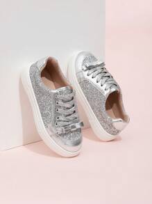 1 Pair Fashionable Glitter Lace-Up Flats Sport Shoes For Girls
