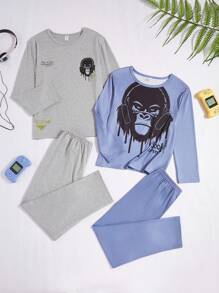 4 件套 青少年男孩休闲蓝灰色简约大猩猩图案圆领长袖运动衫和裤子家居服套装 - 彩色 - 查看 1