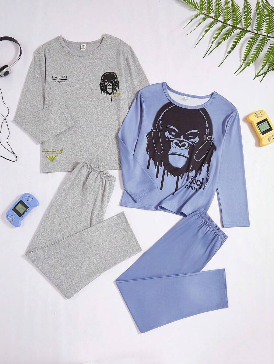 4 件套 青少年男孩休闲蓝灰色简约大猩猩图案圆领长袖运动衫和裤子家居服套装 - 彩色 - 查看 1