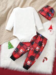 SHEIN 3pcs/Set Baby Boy Cute Bow Tie Bodysuit + Allover Print Pants + Hat Fashion Gentleman Outfit Set, For Christmas - Multicolor - View 2