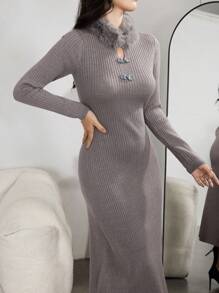Modelyn 女士蓬松拼接镂空锁眼领优雅长袖毛衣连衣裙 - 灰色 - 查看 7