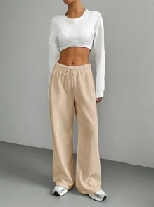 Muchica Women Casual Khaki Woven Drawstring Waist Wide Leg Pants - Khaki - View 4