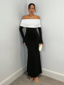 SHEIN BAE 优雅黑白露肩长袖连衣裙，适合休闲约会、夜店、派对等场合，秋冬季