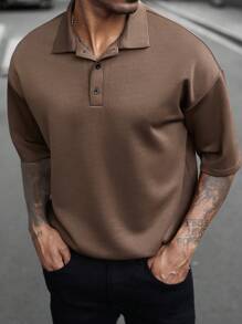 Manfinity Homme Men Fall Coffee-Brown Basic Fashion Versatile Collar Polo Shirt, For Husband, For Going Out - Coffee Brown - View 7