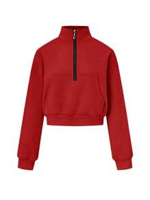 INAWLY 女士纯色落肩长袖拉链半襟休闲连帽衫，秋季，长袖上衣