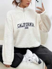 SHEIN EZwear Sudadera de forro polar con cremallera media y hombros caídos con bordado de letras de primavera, tops de manga larga en otoño/invierno - Beis - Ver 5