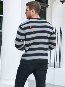Manfinity LEGND Plus-Size Men's Dark Gothic Ripped Black And Gray Striped Crew-Neck Halloween Long-Sleeved Sweater - Black - View 2
