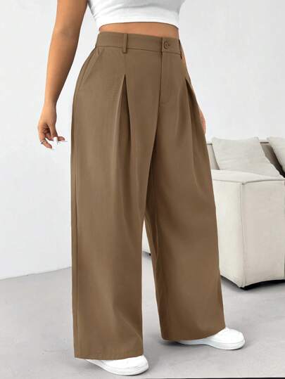SHEIN EZwear Pantalones casuales anchos y sueltos con pliegues lisos para mujer de talla grande, para graduación, regreso a la escuela, atuendos de maestras en otoño/invierno