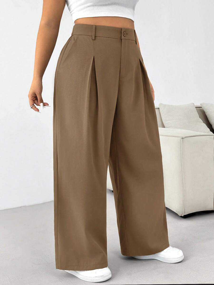 SHEIN EZwear Quần ống rộng xếp ly trơn cỡ lớn cho nữ mặc tốt nghiệp, trở lại trường, trang phục giáo viên cho phụ nữ vào mùa thu/đông - Lạc đà - Xem 1
