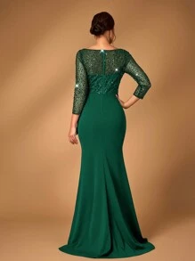 Serin Váy cưới dài đuôi cá quyến rũ thanh lịch, tay dài, đính cườm và sequin, cạp chun, thiết kế nơ xếp nếp, eo cao dành cho mẹ cô dâu - Màu xanh lá cây đậm - Xem 2