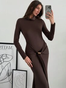 Aloruh Women's Mock Neck Fitted Ruched Metal Decor Maxi Party Christmas Dress - Brown - View 6