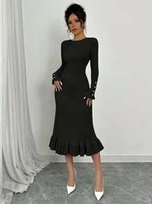 Elenzga Women Pearl Decor Ruffle Hem Ruffle Sleeve Fitted Sweater Dress - Black - View 5