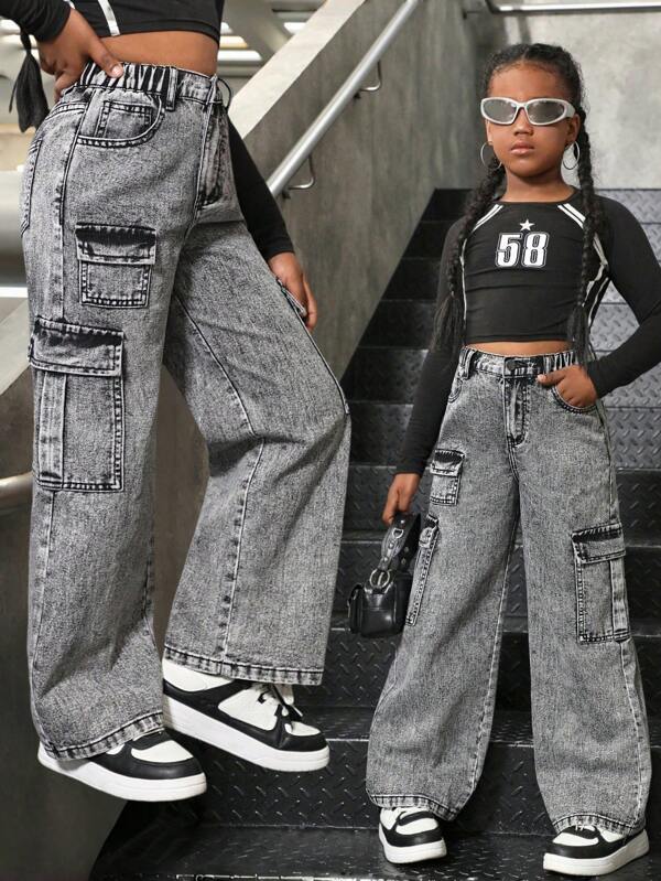 Tween Girl All-match Y2K Fashion Casual Spălați cu pietre Buzunare cu clape cu talie înaltă Largi, confortabili, blugi din denim spălați în negru și gri
