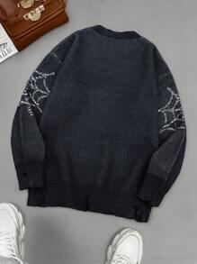 Manfinity Roghcode Men's Casual Crew Neck Long Sleeve Sweater With Spider Web Pattern, Autumn/Winter - Black - View 2