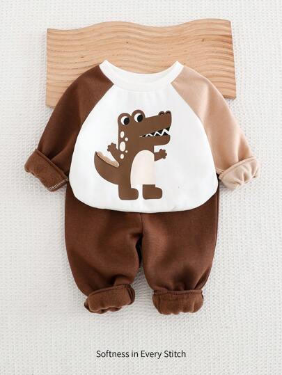 Cozy Pixies 2pcs/Set Baby Boy Cartoon Dinosaur Knit Soft Raglan Sleeve Pullover Sweatshirt And Cuffed Pants Set