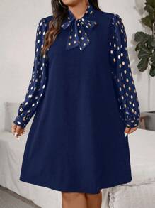 SHEIN Clasi 大码女式优雅长袖金色波尔卡圆点前系带连衣裙，秋季 - 藏蓝色 - 查看 3