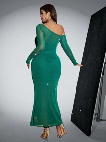 Viva Relle Plus Size Elegant Fitted Asymmetric Collar Dress, Suitable For Autumn - Green - View 2