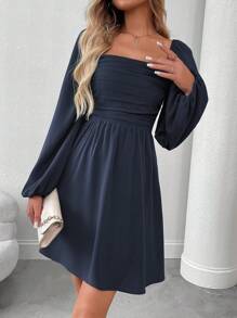 EMERY ROSE Vestido casual de manga farol de unicolor para mujer, otoño - Azul Marino - Ver 6