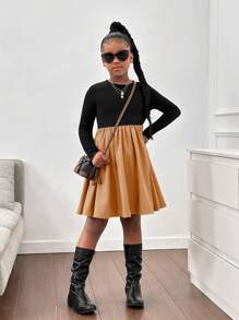 Tween-Mädchen Lässiges A-Linien-Kleid mit Farbblock-Patchwork und Rundhalsausschnitt und langen Ärmeln